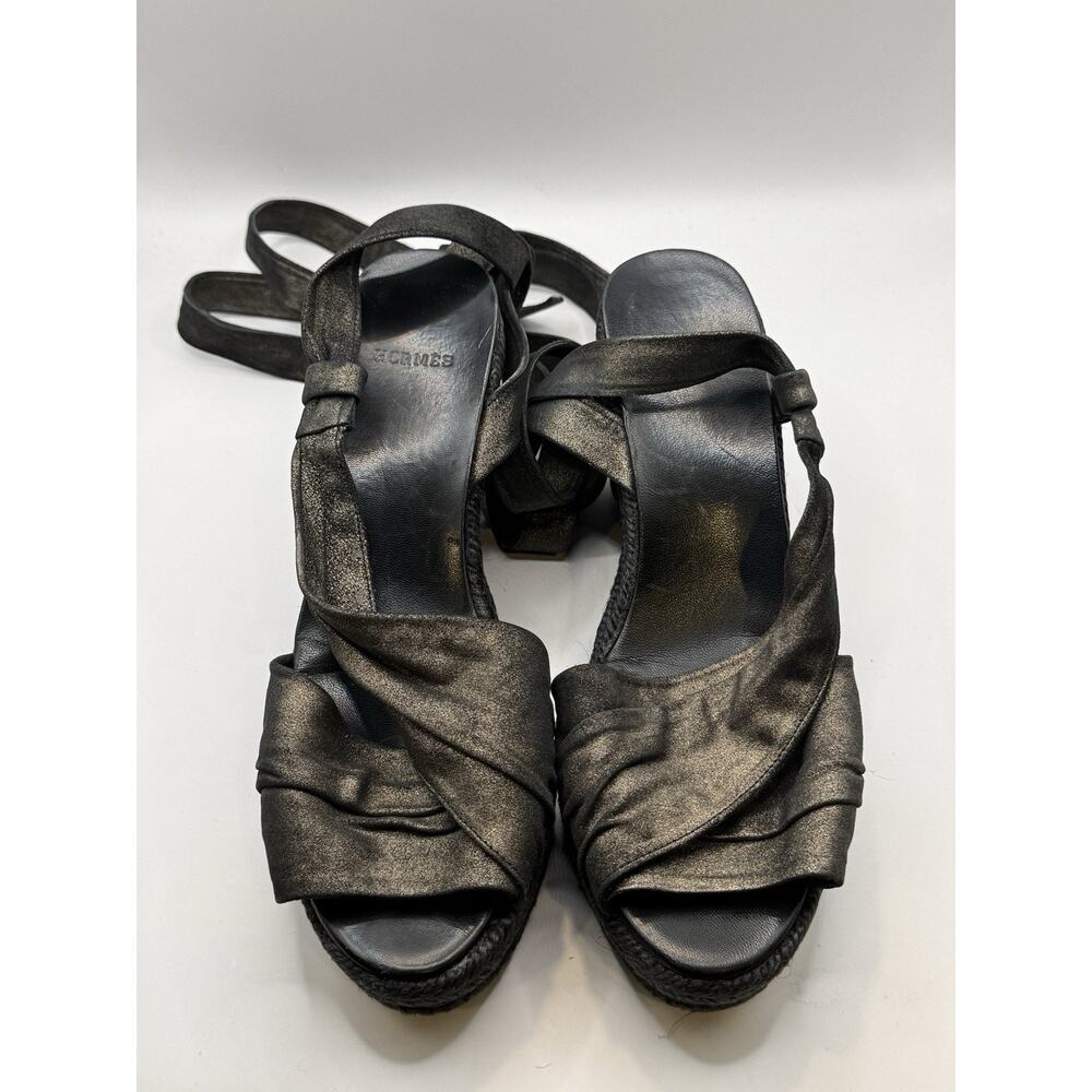 Hermes Espadrille Wedge Leather Tie Strap Sandal Size 37 US 6.5